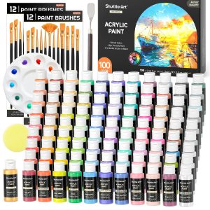 主图_01 100 Colors Acrylic Paint, 2oz/60ml Bottles, Include 2 Sets of 12 Paint Brushes, 1 Art Sponge & Palette, Premium for Artists, Beginners & Kids on Canvas Rocks Wood Ceramic