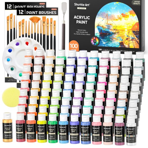 主图_01 100 Colors Acrylic Paint, 2oz/60ml Bottles, Include 2 Sets of 12 Paint Brushes, 1 Art Sponge & Palette, Premium for Artists, Beginners & Kids on Canvas Rocks Wood Ceramic
