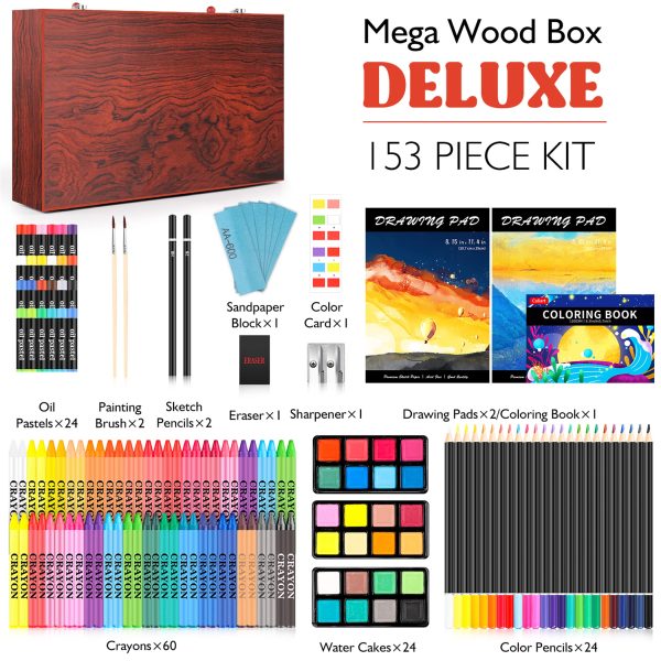 153-Pack Deluxe Wooden Art Set Crafts Drawing Painting Coloring Supplies Kit with 2 A4 Sketch Pads, Halloween Creative Gift Box for Adults Artist Beginners Kids Girls Boys