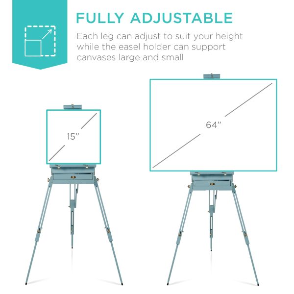 主图_04 Easel, 32pc Beginners Kit Portable Wooden Folding Adjustable Sketch Box Artist Tripod for Painting, Drawing w/Acrylic Paints, Brushes, Canvases, Palettes - Blue