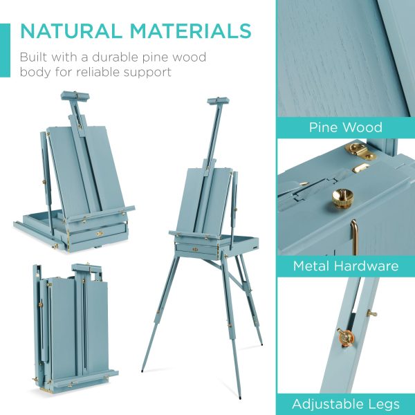 主图_06 Easel, 32pc Beginners Kit Portable Wooden Folding Adjustable Sketch Box Artist Tripod for Painting, Drawing w/Acrylic Paints, Brushes, Canvases, Palettes - Blue